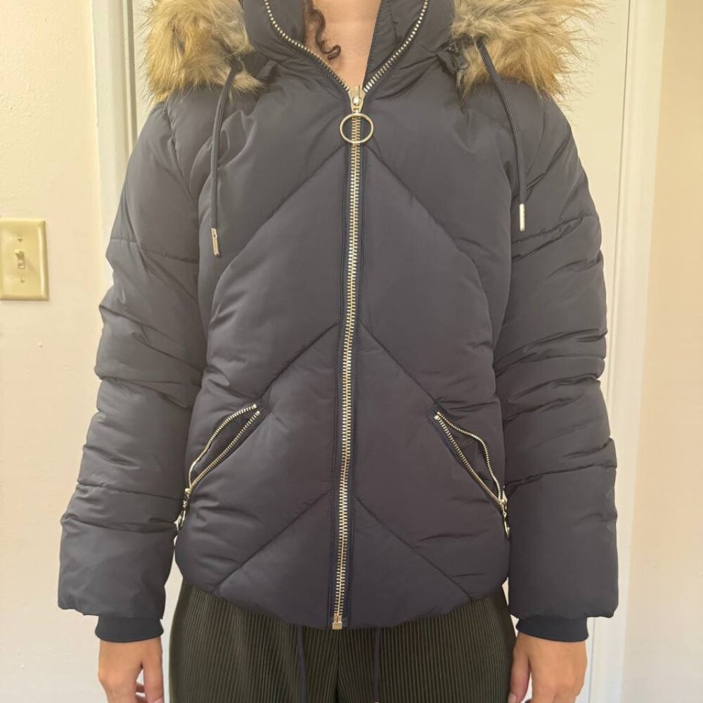 Topshop Petite padded jacket with faux fur hood in black